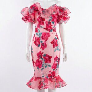 Luxury Designer Runway Wedding Evening Cocktail Flowers Roses Ruffles Dress Gown